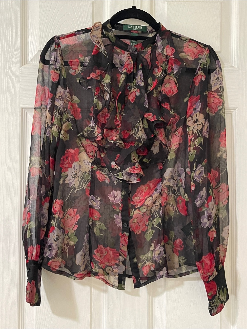 Ralph Lauren Black Sheer Floral Ruffle Neck Blouse